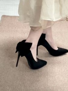 Black Butterfly Knot Waterproof Platform Thin Heel High Heels Womens Shoes Comfortable Single Shoes for Autumn Winter Skirts