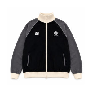 American Retro Patchwork Stand Collar Zipper Hoodie Jacket Loose