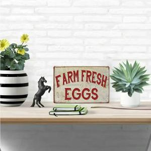 CIFbuy | Farm Fresh Eggs Vintage Metal Sign Rustic Wall Decor with Distressed White Background & Crimson Lettering Frameless Glossy Met