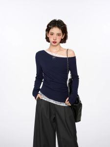 Early Autumn Slim Fit Lace Long Sleeve T-Shirt Womens Irregular Shoulder Baring Top Commute Style Casual Short Length