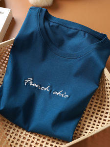 Áo Thun Tay Ngắn Thêu Chữ Cotton Nguyên Chất Cổ Tròn Dáng Ôm Mùa Hè 2025 Áo Thun Cổ Điển Lãng Mạn Màu Xanh Phong Ba SkyINTL