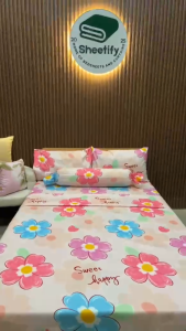 Sheetify I Sweet Happy I 3in1 Bedsheet Set w/ 2 Pillowcase 18X28 I Canadian Cotton I Full garter