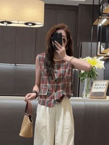 Colorful Plaid Womens Vest Thin Single Button Sleeveless Summer Top Fashionable Versatile Loose Fit round Neck Shirt