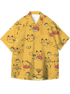 Summer Pokemon Hawaiian Style Anime Print Short Sleeve Shirt Mens Couple Wear Trendy Shirt Cardigans for Men and Women