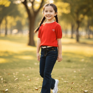 Moose Girl Dark Blue Denim Flare Pants With Cream Belt (GDLP 512 7648 IW)