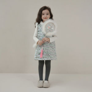 Warm Cotton Filled Floral Print Vest Skirt for Girls Baby Fashionable Winter New Years Outfit Childrens Clothing Kids Dresses