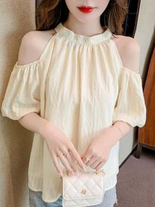 French Elegant Butterfly Knot Shoulder Bared Chiffon Top Women Summer Sweet Neck Hanging Bubble Sleeve Loose Top