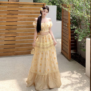 French Gentle Style Floral Halter Neck Top And Skirt Set Summer Outing Outfit Cotton Short Sleeve Student Work Uniform