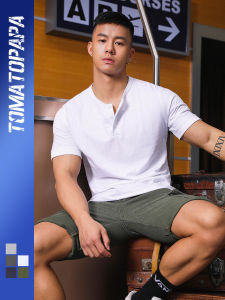 TOMATOPAPA | Solid Color Henley Collar Short Sleeve T-shirt Men