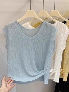 2025 New Blue round Neck Ice Silk Knitted Vest Womens Summer Simple Versatile Sleeveless Top Korean Style Loose Fit Thin