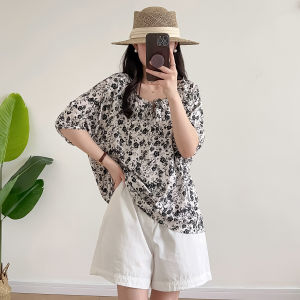 Floral Cotton Silk Loose Fit Short Sleeve round Neck T-Shirt Womens Summer Thin Shirt Artificial Cotton Casual Style Top