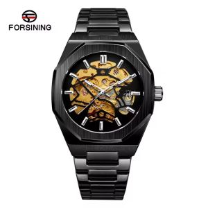 FORSINING 344D Top Brand Luxury Skeleton Automatic Mechanical Mens Watch Hollow Design Luminous Stainless Steel Strap Clock Men