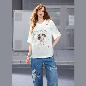 Unifree | White V-Neck Mesh Patch American Puppy Print Loose T-Shirt