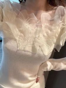 WANGGONGZHU | Womens Slim Fit Lace Base Shirt Spring 2024 New Fashion French Splicing Knitted Sweater Wool Material Commute Style Pure Color