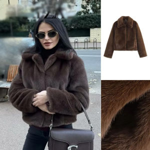 2025 Woman Brown Faux Fur Side Pockets Casual Crop Coat Fashion Women Winter Brown Thick Warm Lapel Jacket Retro Streetwear