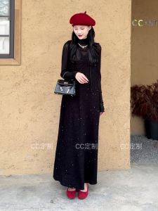 Retro High Neck Base Shirt Sequin Vest Dress Two Piece Set Womens Style Commute Element Pocket Fabric Other Long Sleeve Maxi Dress
