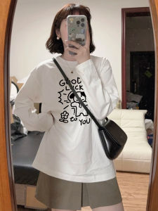 White Long Sleeve Cotton Sweatshirt Womens Base Layer Shirt Loose Fit American Style Shoulder T-shirt Inner Wear Top