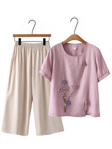 Thời Trang Vải Lanh Cotton Thêu Trang Phục Mùa Hè Của Mẹ Áo Thun Nữ Tay Ngắn Quần Crop Bộ Hai Món Dành Cho Phụ Nữ Trung Niên Và Người Cao Tuổi
