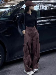 Quần Dài Ống Rộng Phong Cách Mỹ Cổ Điển Cạp Cao Cho Nữ Mùa Xuân Thu Quần Thể Thao Dài Đến Sàn Quần Dài