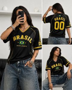 Brasil Bóng Đá Áo Thun 2026 Nam Nữ Màu Vàng Xanh In Hình Cổ Chữ V Tay Ngắn Dạo Phố Bóng Đá Thời Trang Thể Thao Hàng Đầu