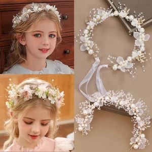 Bohemian Girls Bridal Pearl Hair Headdress Flower Wreath Bride Garland Head Hoop Headbands Hair Jewelry Children Gifts