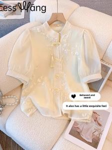 WANGGONGZHU | Princess Style Short Sleeve Embroidered Shirt Womens Summer New Heavy Embroidery Button Up Top Korean Version Straight Cut