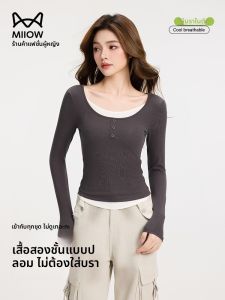 MiiOW | เสื้อชั้นในผ้าฝ้ายผสมลินินแขนยาวทรงสลิมฟิต MiiOW Cat Person เสื้อชั้นในสไตล์เกาหลีพื้นฐานสำหรับฤดูใบไม้ร่วง