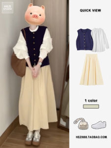 Elegant High Waist A-Line Long Skirt Set Korean Style Womens Fashion College Style Miniature Outfit Three-Piece Ensemble
