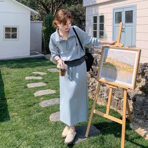 Blue Sweatshirt Set Womens Casual Sporty Two-Piece Suit Loose Fit Autumn New Style Korean Lazy Style Skirt And Sweatshirt