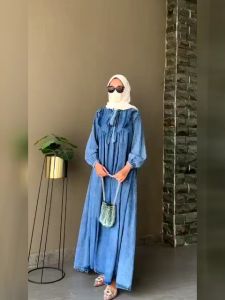 Gamis Jeans Jumbo Ribbon Maxy Wanita Denim Terbaru Baju Muslim Jeans Lebaran