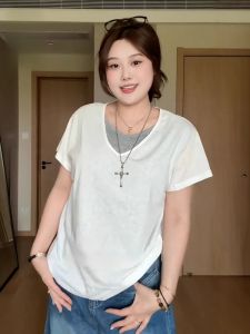 Áo Thun Tay Ngắn Cổ Chữ V Màu Trắng Cỡ Lớn Mùa Hè Dáng Rộng Thoải Mái Cho Nữ