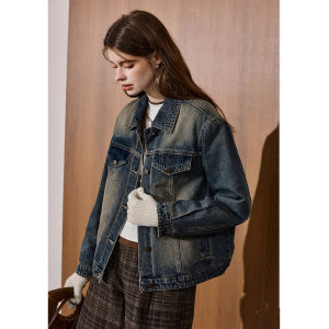 KUHNMARVIN | Áo Khoác Jeans Xanh Vintage Rửa Nước Dày Dặn Tay Dài Ấm Áp Mùa Đông