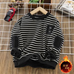 Thickened Fleece Childrens Sweatshirt Long Sleeve Spring Autumn Stripe Boys Casual Wear Comfortable Soft Fabric No Hat