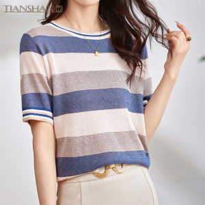 เสื้อยืดผู้หญิงผ้าไหมไหมไหม ทรงหลวม แขนสั้น คอกลม เสื้อตัวล็อว์สไตล์ฤดูร้อนใหม่ ระบายอากาศได้ดี สวมใส่สบาย