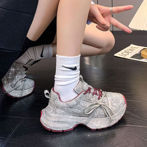 Princess Style Diamond Embellished Thick Bottom Dad Shoes Womens Fashion Casual Shoes Increased Height Buckle Design Autumn Collection