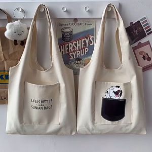 Pocket Canvas Tote Bag Cute Print Korean Style Student Shoulder Bag Casual Shopping Bag Large Capacity Travel Bag 学生手提袋