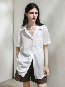 Miccbeirn | Silk Cotton Short Sleeve Embroidered Shirt Simple Commute Womens Top Elegant Versatile Drape Casual Shirt Summer Season