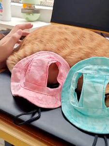Dog Cat Sunscreen Hat Adjustable Buckle Earless Design with NonSlip Straps Cotton Tie Dye Pet Supply