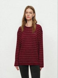URLAZH | Áo Sweater Cổ Tròn Đầy Lông Cừu Màu Đỏ Burgundy Mới Có Sọc cho Mùa Đông