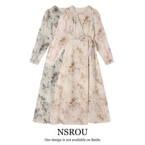 French Elegant New Chinese Retro National Style Print One-Piece Long Dress Womens Spring Summer Waist-Cinching Slimming Dress