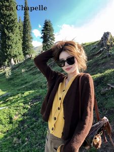 Lachapelle Korean Style Knitted V-Neck Sweater Coat Womens Loose Fit Long Sleeve Warmth Comfortable Fake Two-Piece Top