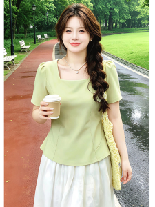 Shalldoer | Light Green Square Neck Short Sleeve Slimming Versatile Shirt