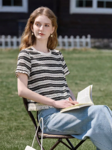 XIANGYING | Striped Fringe Lightweight Knit Women T-Shirt