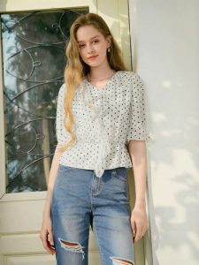 XIANGYING | Ruffle Hem Dots Pattern V-Neck Waist Cinched French Style Commuter Blouse