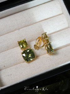 Seine River Olive Green French Retro Glowing Luxury Gold Plated Gemstone Earrings Fashionable Jewelry for Women Geometric Pattern