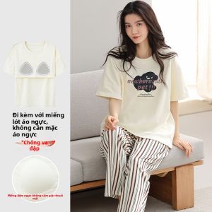 MiiOW | Pure Cotton Summer Short Sleeve Womens Sleepwear Set With Chest Pad Cartoon Cute Style Home Clothes Outdoor Wearable Thin