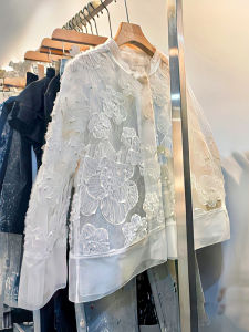 Summer 2025 New Chinese Style Loose Stand Collar Floral Embroidery Tulle Sun Protection Shirt Womens Casual Fashion Top
