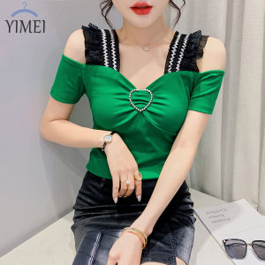 YIMEI Áo Cotton Nữ Cỡ Lớn Áo Phông Trễ Vai Viền Tai Ren Mới Mùa Hè 2023 Áo Thun Nữ Thời Trang Tay Ngắn Phong Cách Thiết Kế Thời Trang Áo Kim Cương