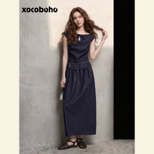 xocoboho | High End Money Style Intelligent OOTD Womens Sleeveless Denim Midi Skirt Set