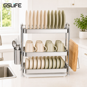 GSlife  Stainless Steel Dish Rack 2/3-Tier Dish Drying Rack with Drainer Kitchen Countertop Plate Storage Organizer